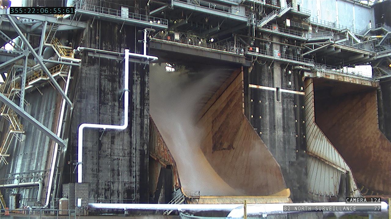 Operators at the B-2 Test Stand at Stennis Space Center near Bay St. Louis, Mississippi, conducted a wet dress rehearsal for the hot fire test of the core stage of NASA’s Space Launch System on Dec. 21, 2020. In this image, water flows from the B-2 Test Stand flame deflector, just as it will during an actual hot fire test. The hot fire will conclude a series of eight Green Run tests of all core stage systems before it is transported to Kennedy Space Center for launch on the Artemis I mission.